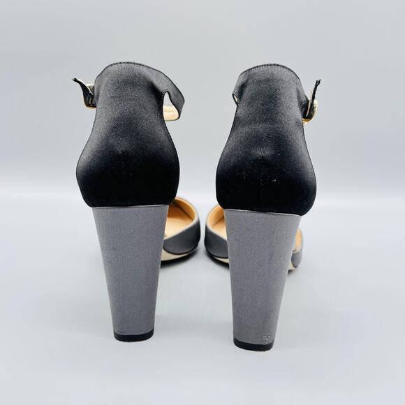 J Crew Shoes Women 8.5 Black Gray Satin Colorblock Pump Ankle Strap Block Heels - Picture 6 of 11